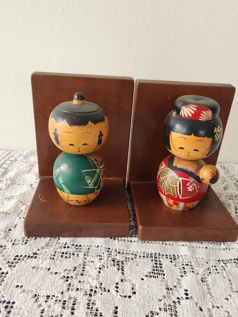 Vintage Hand-Painted Red and Green Kokeshi Doll Pair - Home Accents
